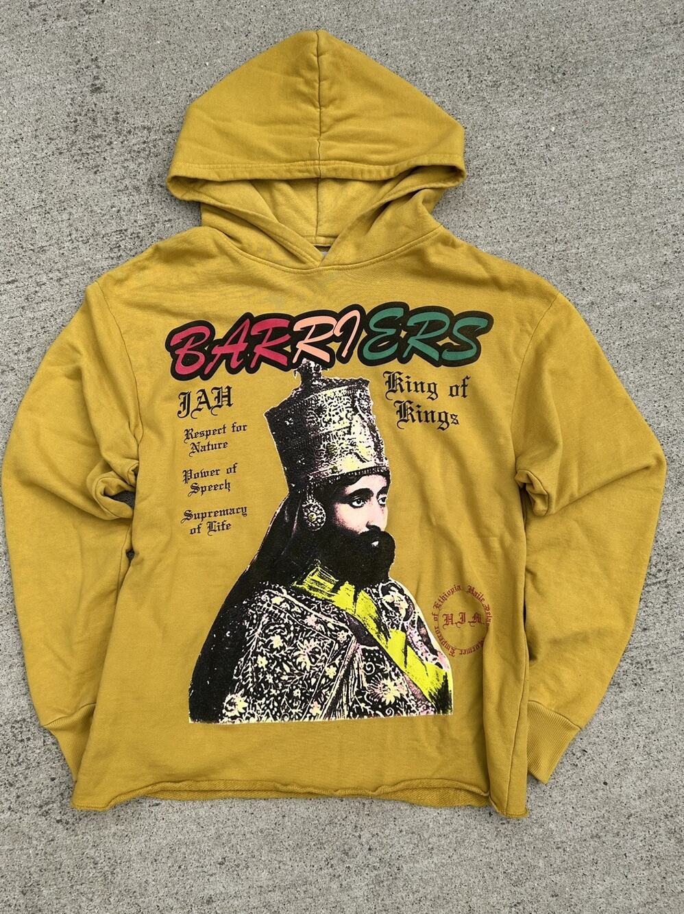 Barriers Worldwide Haile Selassie Hoodie Size M Mustard Yellow King of Kings9